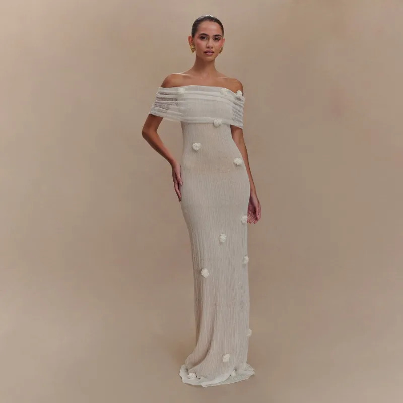3D Flowers See Through Knitted Maxi Beach Dress Women Elegant Sexy Off Shoulder Bodycon Evening Party Long Robe Beach Cover Ups 250612