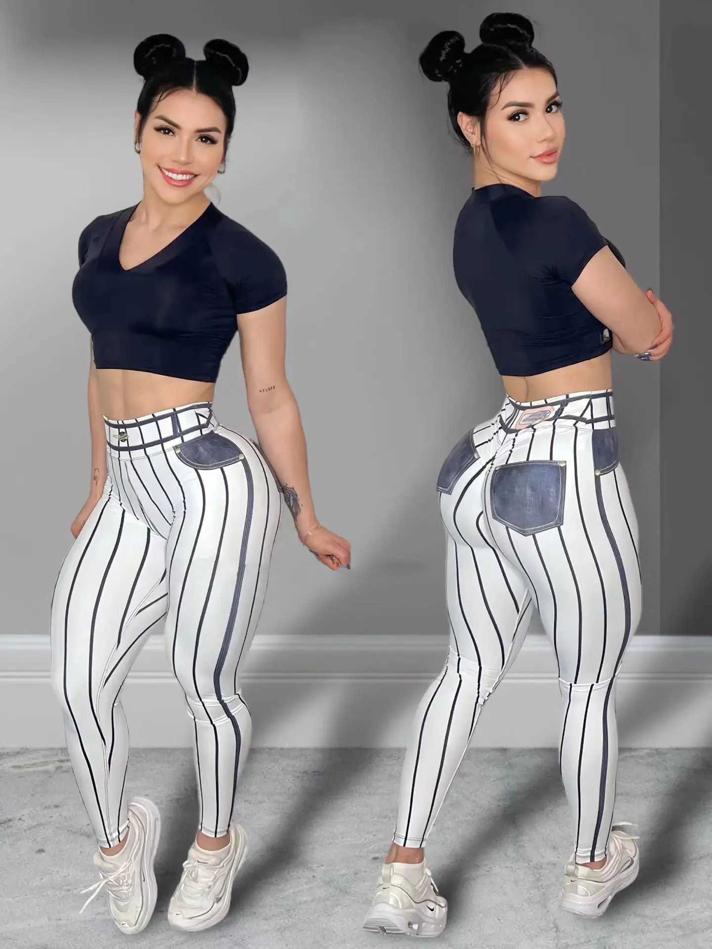 Women High Waist Sports Leggings Stripe Print Stretchable Yoga Pants Sexy Tight Fitness Workout Gym Push Up Causal PantXJ250616