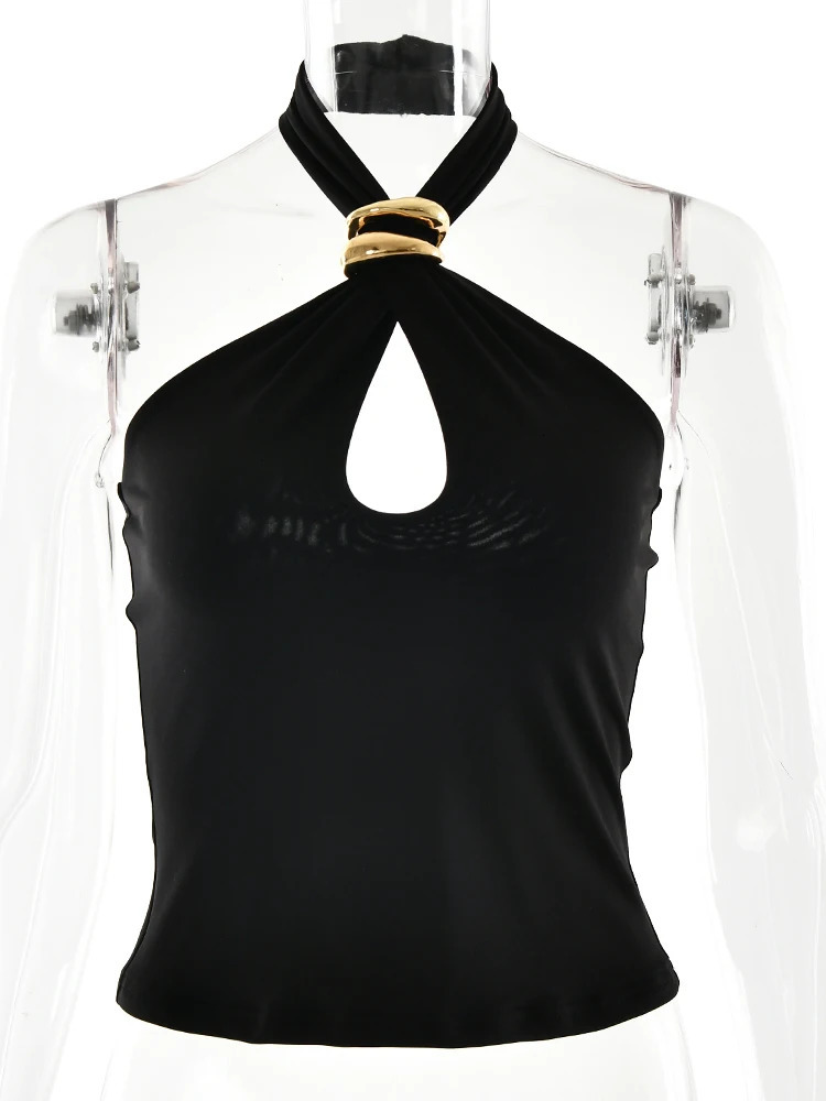 Fantoye Sexy Backless Metal Ring Halter Women Top Black Hollow Out Off Shoulder Crop Vest Female Summer Slim Elegant Streetwear 250614