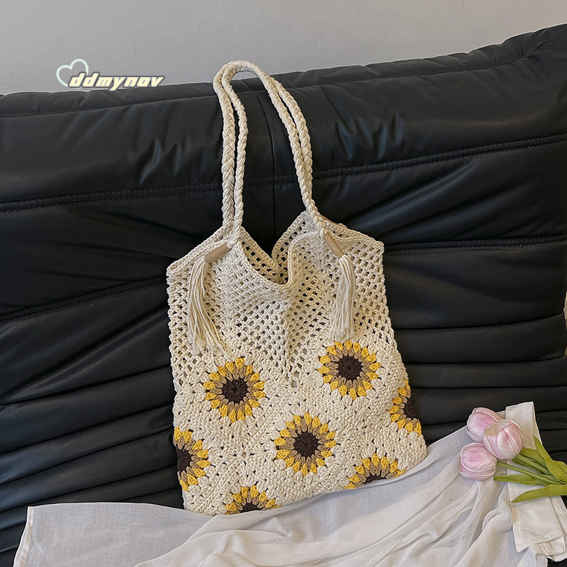 Forest Style Sunflower Knitted Hollow Woven Underarm for Women Summer Beach Large Capacity Shoulder Tote Bag ddmynov ddmynov ddmynov