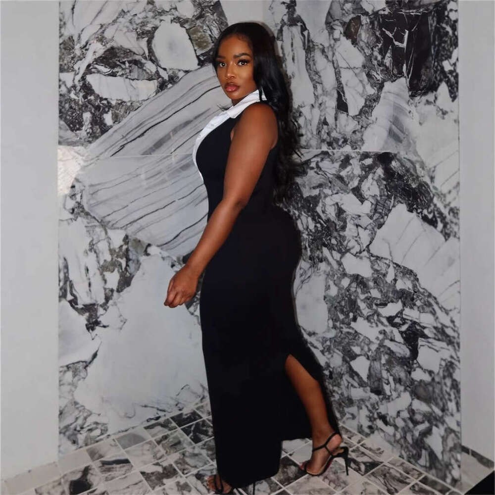 New Fashion Color Block Slim Fit Sexy Turn-Down Collar Sleeveless Bodycon Split Long Dress For Women B5