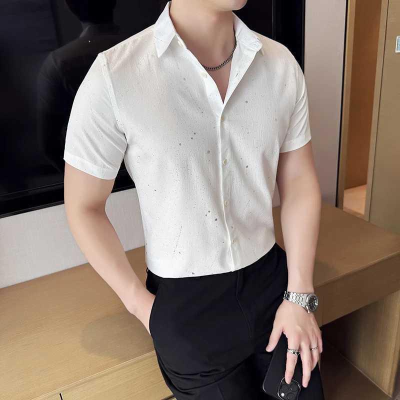 Mens Shirt 2025 Summer New Korean Fashion Short Sleeved Shirt Starry Sky Hot Stamping Casual Solid Color Top Social Shirt W250616