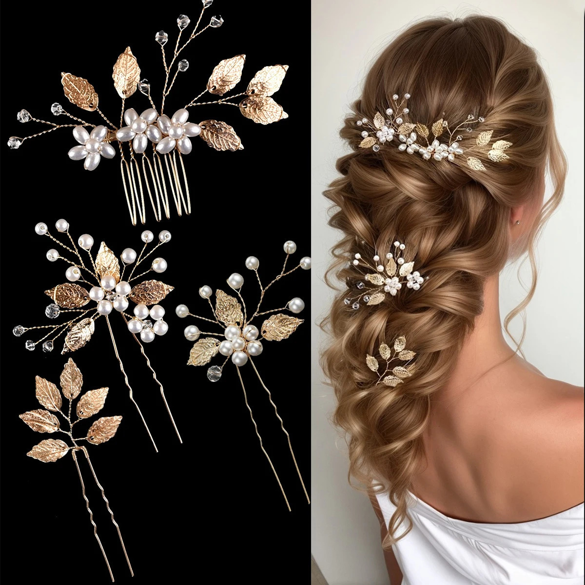 4Pcs Flower Hairpin Side Comb Sets Wedding Hair Accessories Leaf Shaped Tiaras Bride Insert Hair Clip Jewelry Fashion Headwear 250610