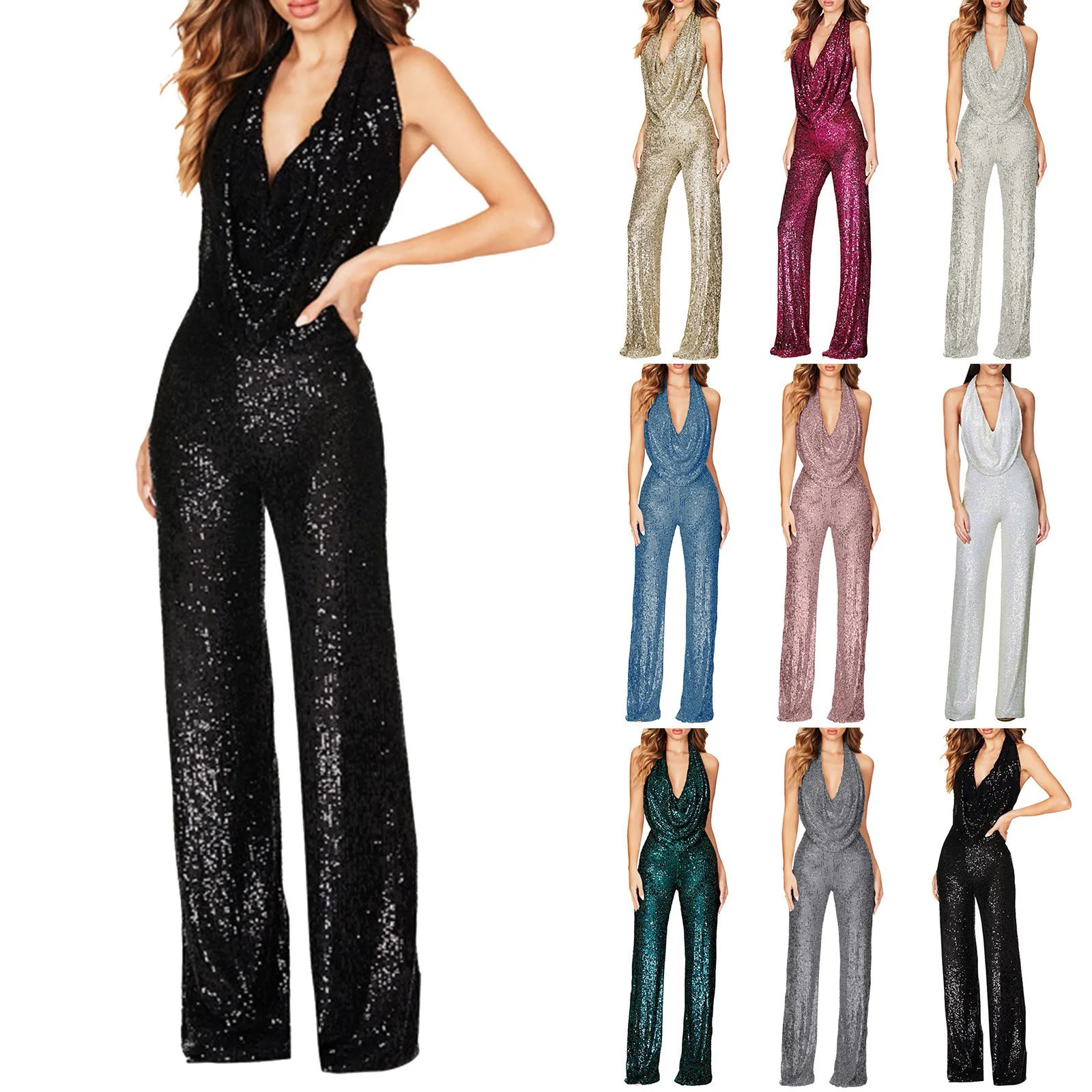 Elegant Women Deep V Wide Leg Jumpsuits Swing Neck Sleeveless Halter OnePiece Fashion Sequin Shiny Party Romper 250612