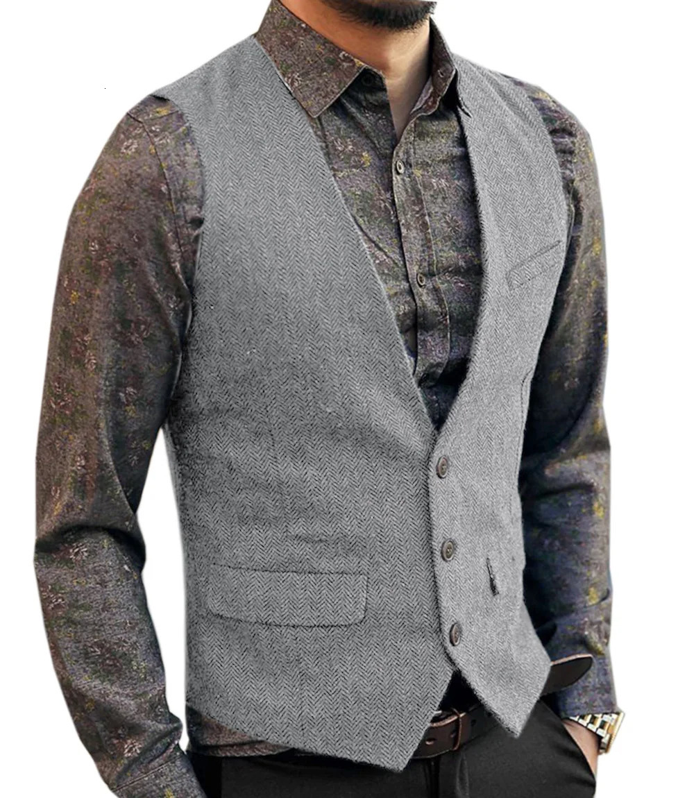 Deep V-Neck Suit Vests Classical Formal Business Herringbone Wood Waistcoat Slim Fit Mens Vest For Wedding 250614