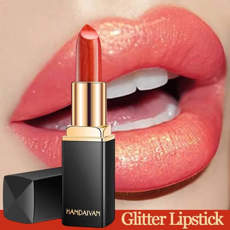 Handaiyan Waterproof Nude Glitter Long Lasting Velve Red Sexy Shimmer Lip Stick Shiny Lipstick Makeup Cosmetics happy