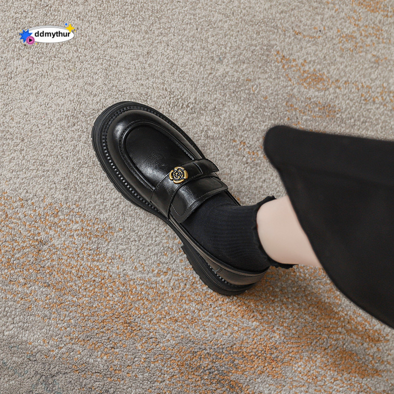 French Style Soft Cowhide Black Camellia Loafers Spring and Autumn Slip-On Thick Sole Women's Shoes ddmythur