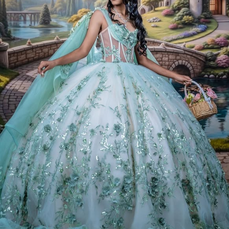 Mint Green Quinceanera Dresses Ball Gown Off The Shoulder Applique Flower Beading Crystal With Cape Tull Sweet 16 Dress Vestidos 15 Anos