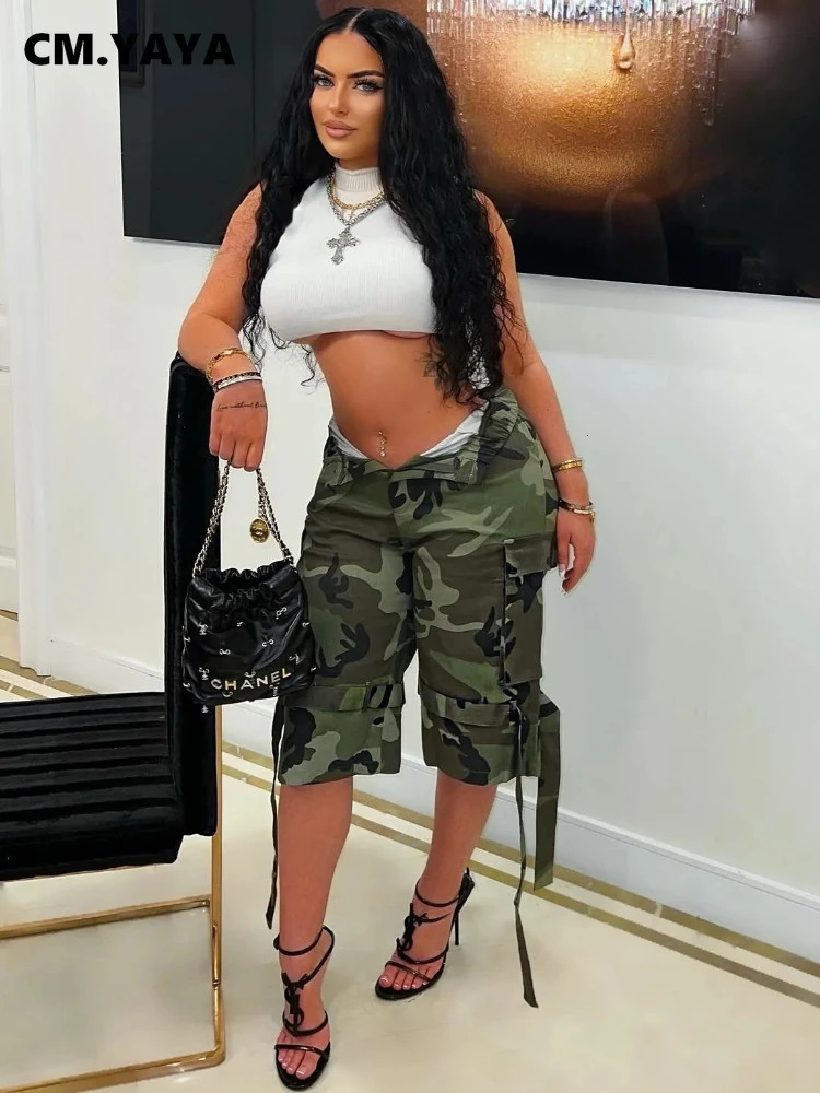 2025 Camouflage Print Cargo Pocket Women Pants Vintage Straight Trousers Streetwear Safari Knee Length s 250616