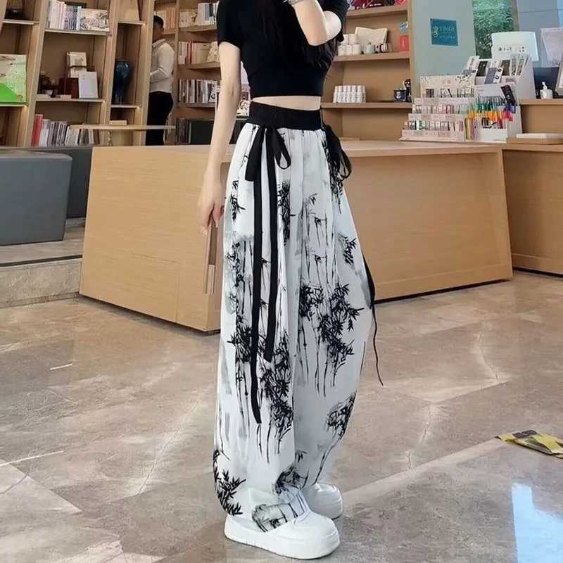 Womens Thin Casual Ice Silk Chiffon Wide Leg Pants 2025 Summer New Style Strap Drop Straight Tube Floor Trousers Korean WomenXJ250616