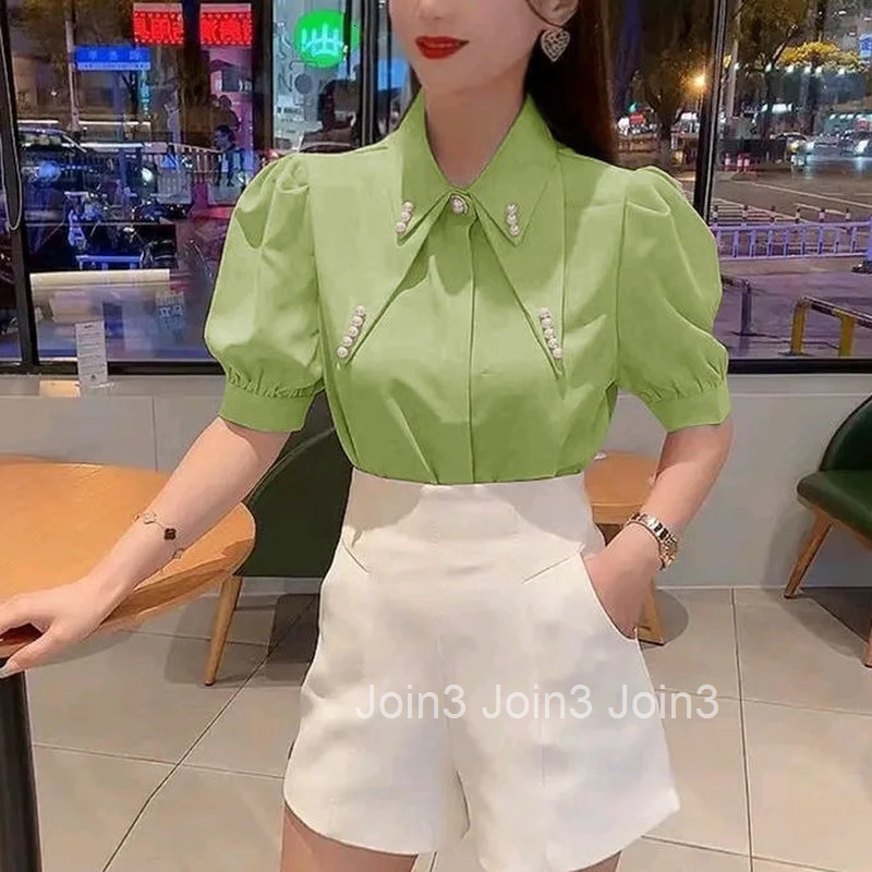 Clothes Chiffon Womens Shirt Blouse Collar Tops for Women Office Outfits with Puffy Sleeves Wear To Work Formal Green New 2025