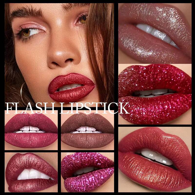 Diamond Shimmering Set,High Pigmented Metallic Lipstick Glitter Lipgloss Lips Makeup Cosmetics Sexy Make Up happy