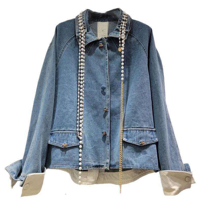 WTHT New Trendy Women's Pearl Chian Design Denim Jacket 2025 Spring Fashion Turn-down Collar Long Sleeves Coat Female 1LS1085