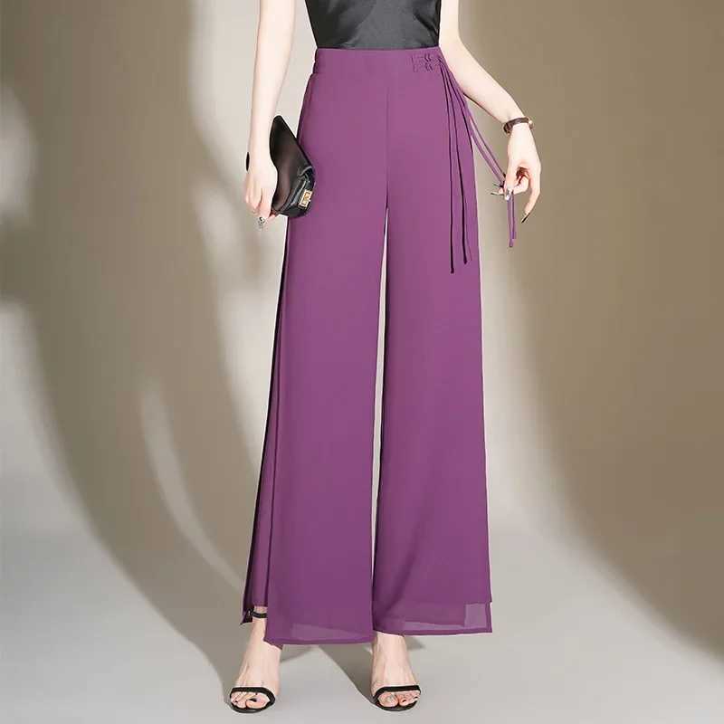 High Waist Wide Leg Straight Cut Summer New Thin Chiffon Split Casual Pants for Women Comfortable Loose Fit TrousersXJ250616