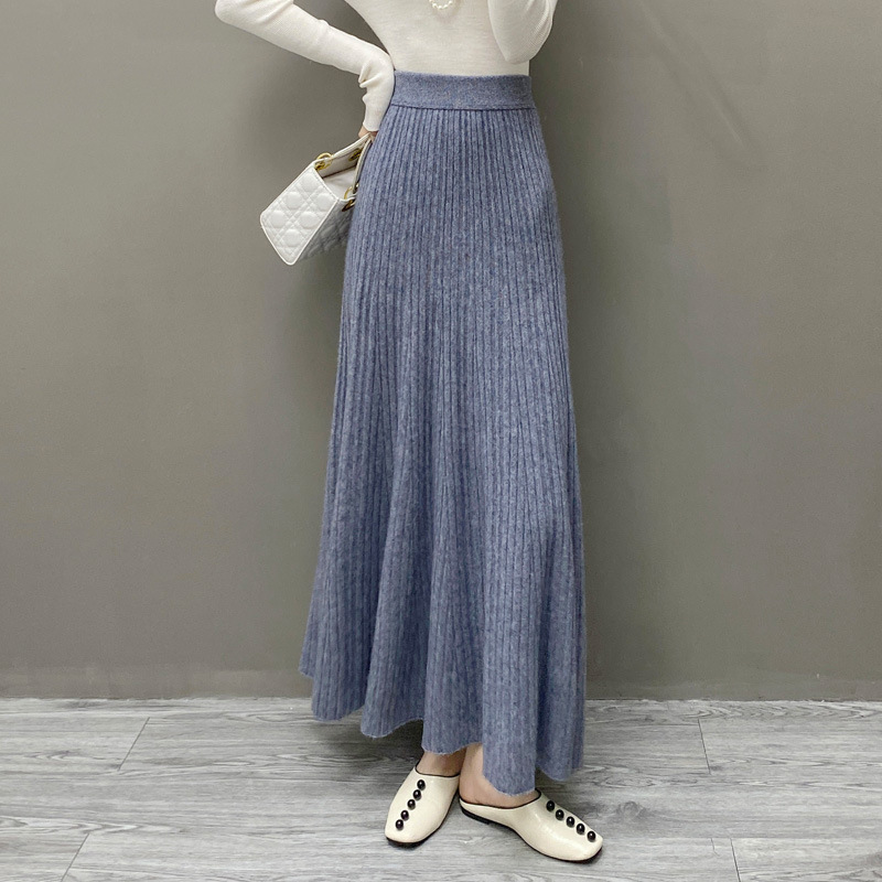 XR190 Women's Autumn and Winter Knitted Cashmere Pleated Skirt Solid Color Warm A-line Knitted Skirt