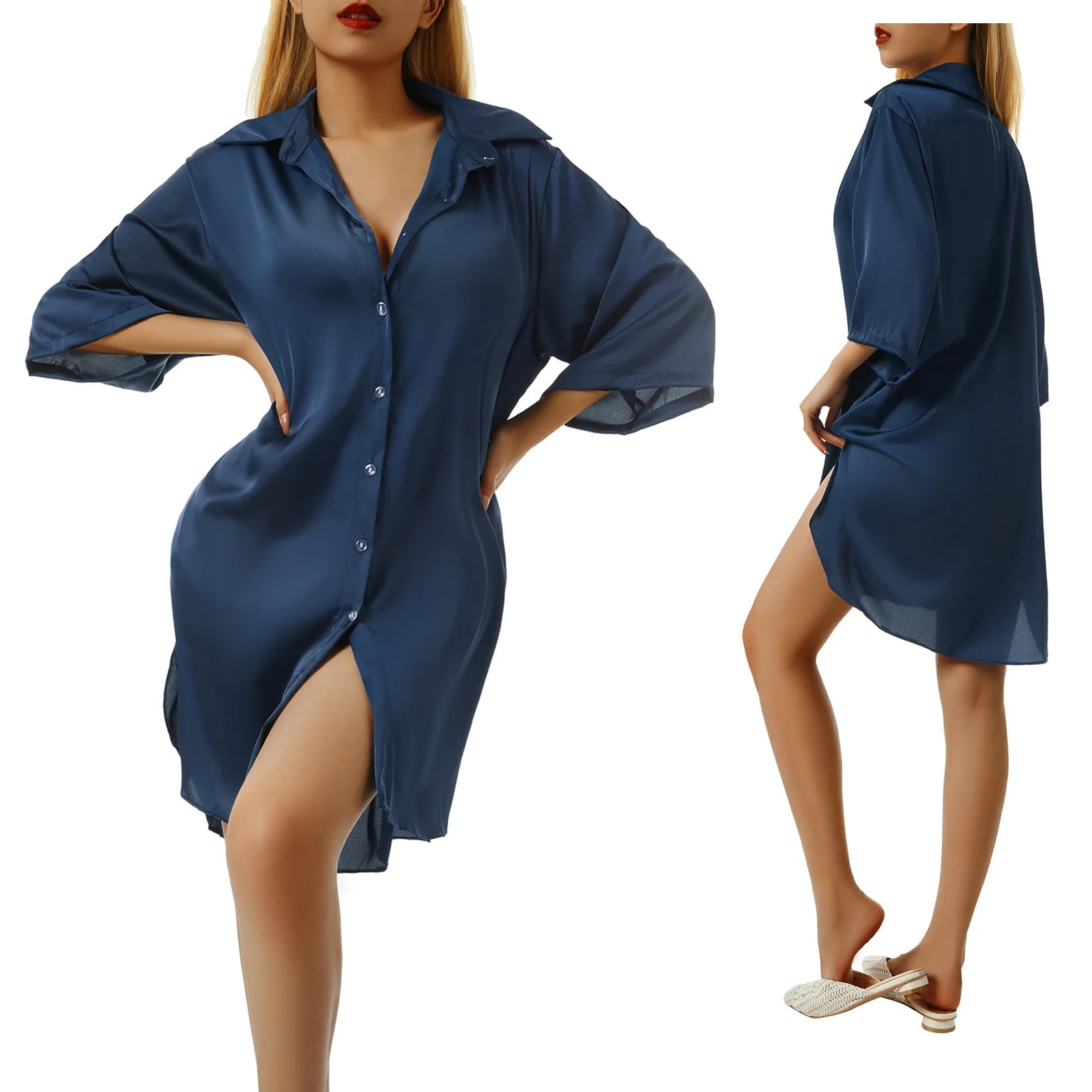 Combhasaki Womens Solid Color Satin Silky Comfy Sleepshirts Half Sleeve Single Breasted Down Lapel Collar Loose Night Shirts 250614