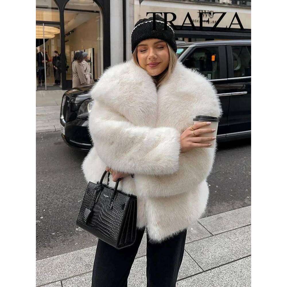 TRAFZA 2024 Winter Coats For Women Fashion New Faux Fur Long Sleeves Loose Coat Female Versatile High Street Women's Cardigan