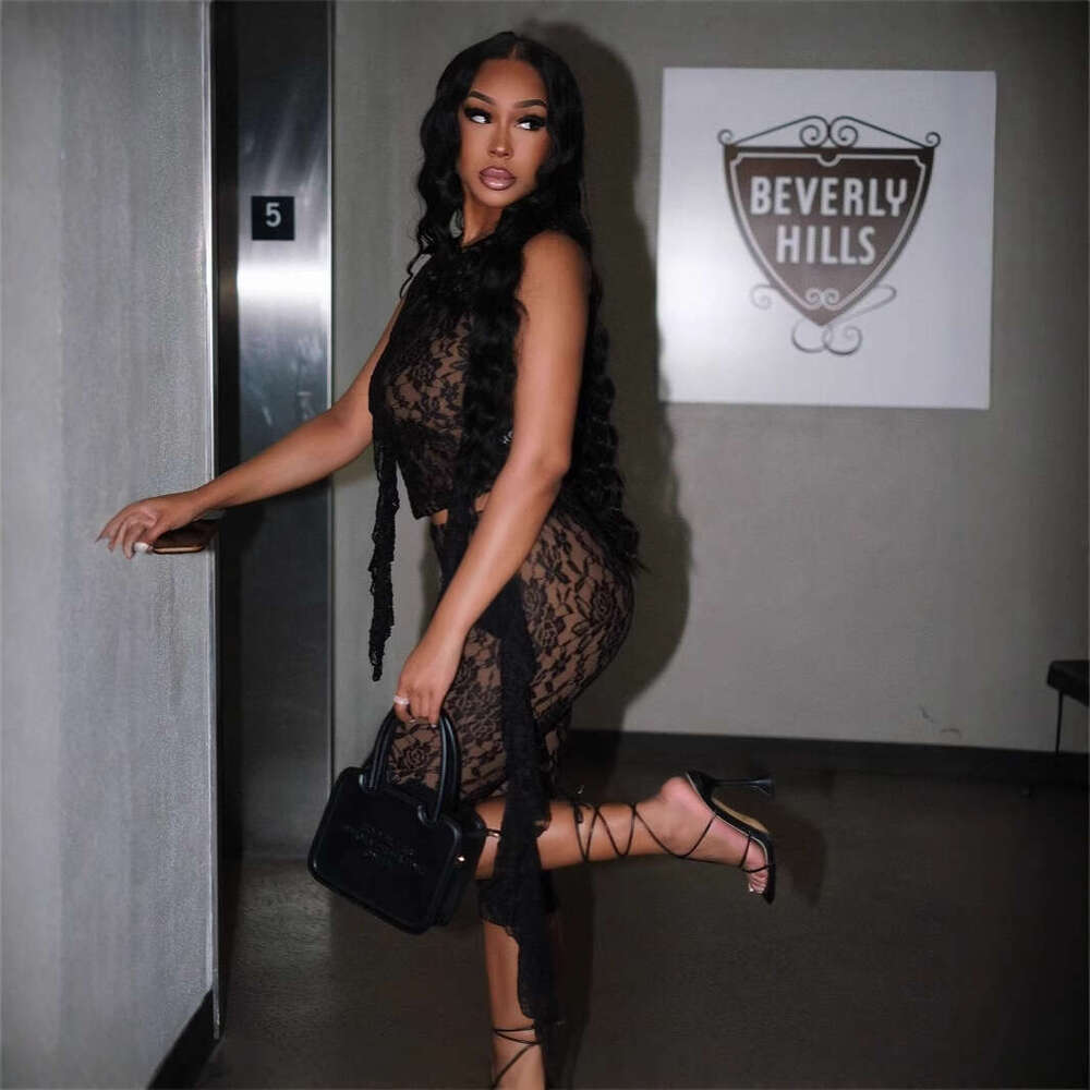 Women's Sheer Lace Hollow Out Crop Sleeveless Round Neck Top Bodycon Sexy 7/8 Pants Set B5