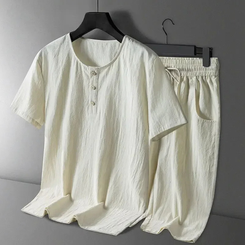Two Pieces for Beach Mens Versatile Tshirt Cotton Linen Set Summer Loose Breathable Leisure Oversized Short Sleeved Shorts 250612