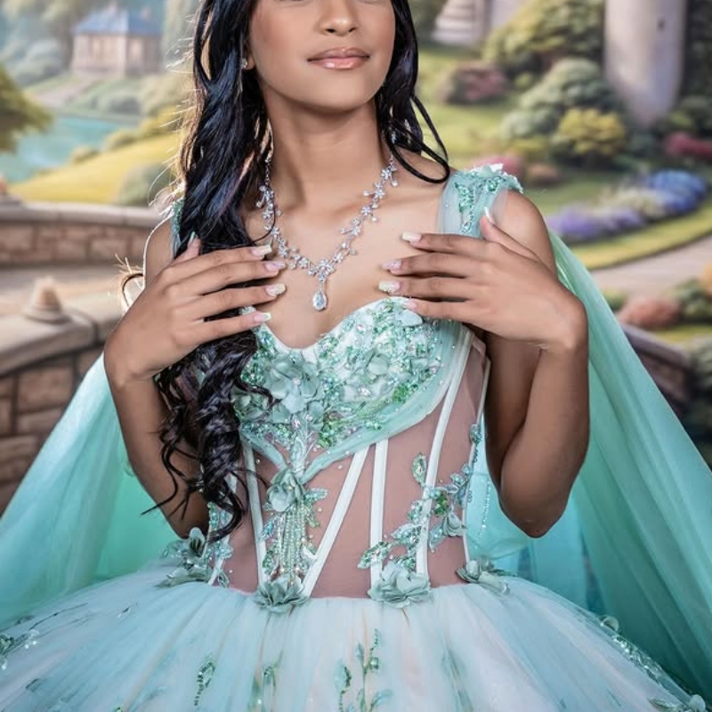 Mint Green Quinceanera Dresses Ball Gown Off The Shoulder Applique Flower Beading Crystal With Cape Tull Sweet 16 Dress Vestidos 15 Anos