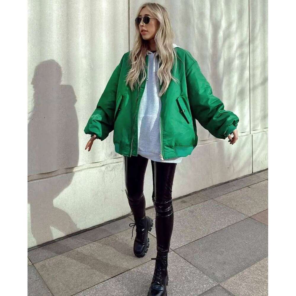 2023 Autumn Fashion Pockets Solid Zipper Bomber Jackets Coat Women Long Sleeves Chic Outwears Female Loose Cotton-Padded Jacket
