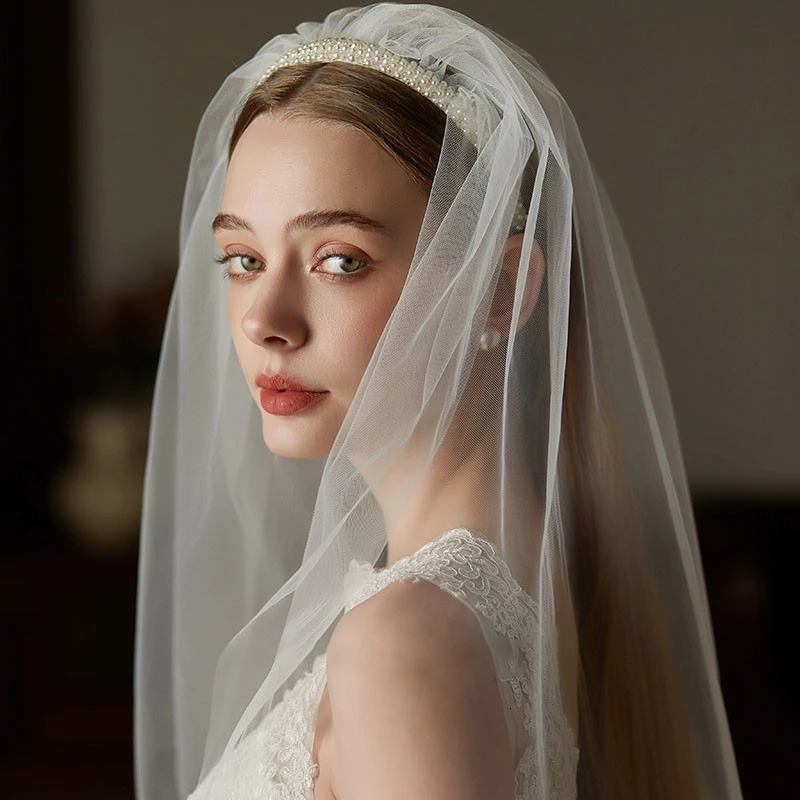 Pearl Embellished Elbow Length Wedding Veil with Crystal Headband for Bride-to-Be Bachelorette Party Pography Accessories 250610