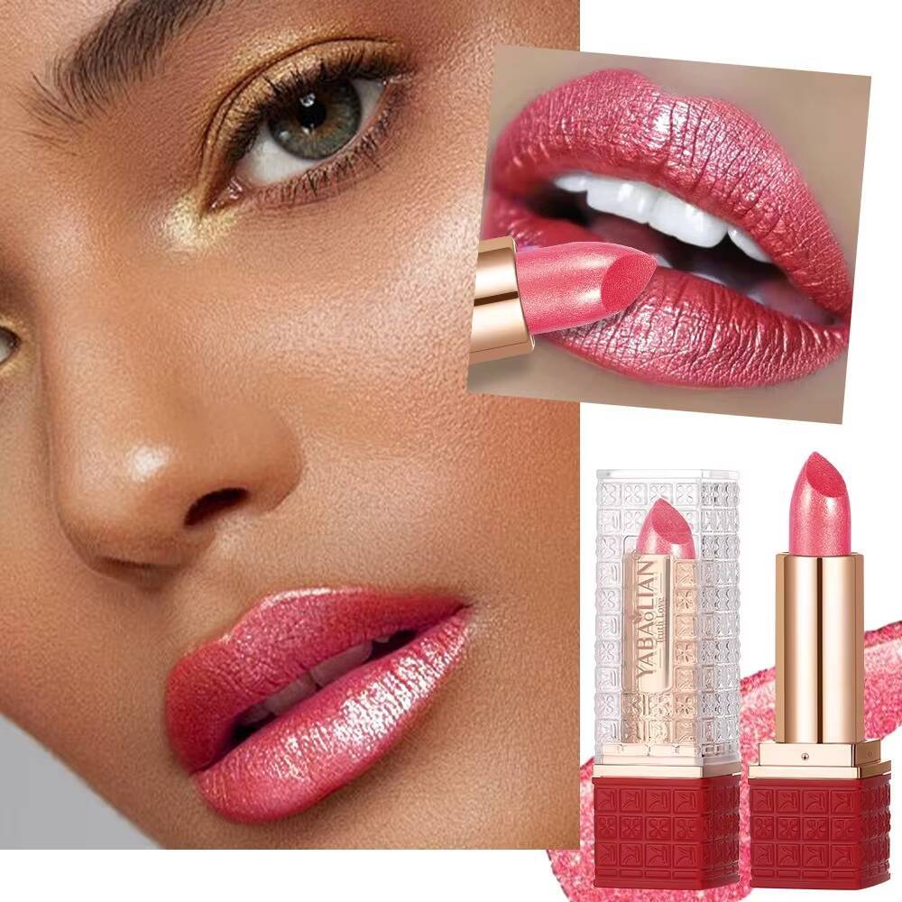 Rose Metallic Lipstick Glitter Lip Glaze Waterproof Long Lasting Moisturize Bright Red Pearlescent Shiny Lipgloss Makeup 12color happy