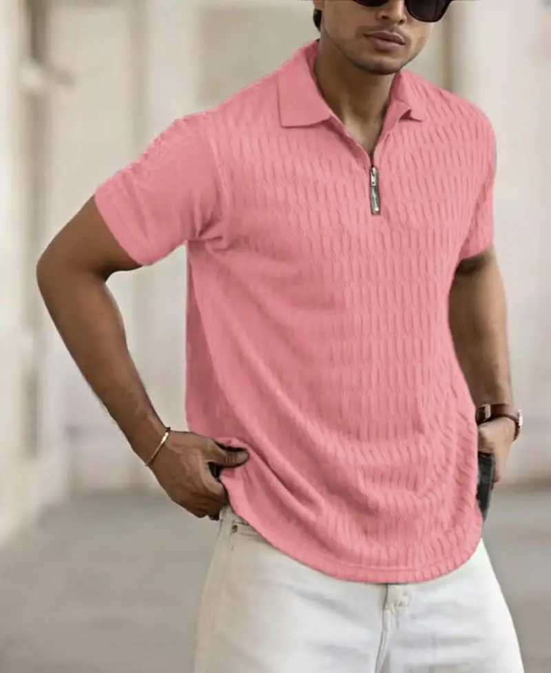 Summer Mens Short-Sleeved POLO Shirt Elastic Breathable Mens T-Shirt Fashionable Solid Color Zipper Outdoor Sports POLO Shirt W250616
