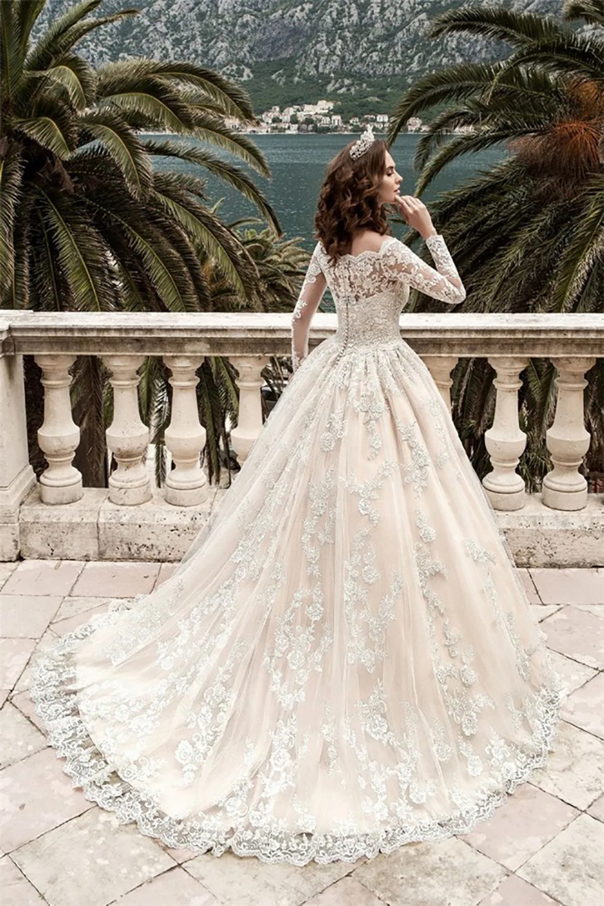 vestidos de novia Long Sleeve Boat Collar A-Line Wedding Dress Beading Sashes Lace Floor-Length Blush Bridal Gowns