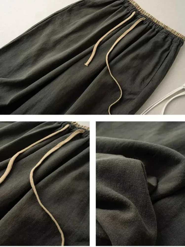 Summer Retro Cotton Linen Loose Harem Pants Elastic Drstring Waist Casual Pants Basic Versatility Wide-leg Ankle-Length PantsXJ250616