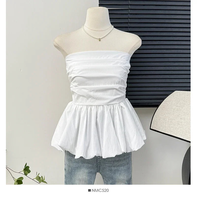 Kimotimo French One Shoulder Pleated Slim Tube Top Women Sexy Waist Ruffled Sleeveless Vests Summer Y2k Solid All Match Tanks 250614
