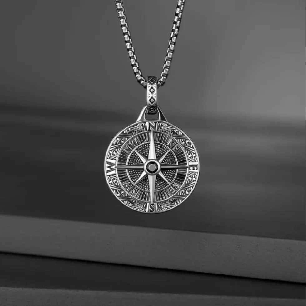 Compass Pendant Necklace For Men hip-hop Style Stainless Steel Chain Vintage Silver Color Neckchain Fashion Men Jewelry Gifts W250616