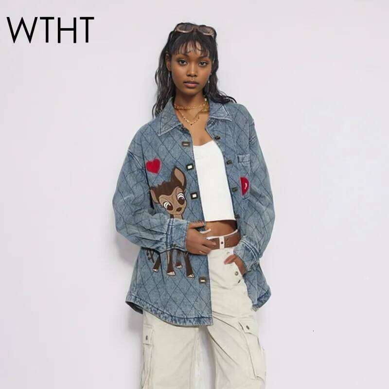 WTHT Trendy Women's Embroidery Animal Design Plaid Denim Shirt 2025 Summer Fashion Lapel Long Sleeve Blouse Female 1LS1345