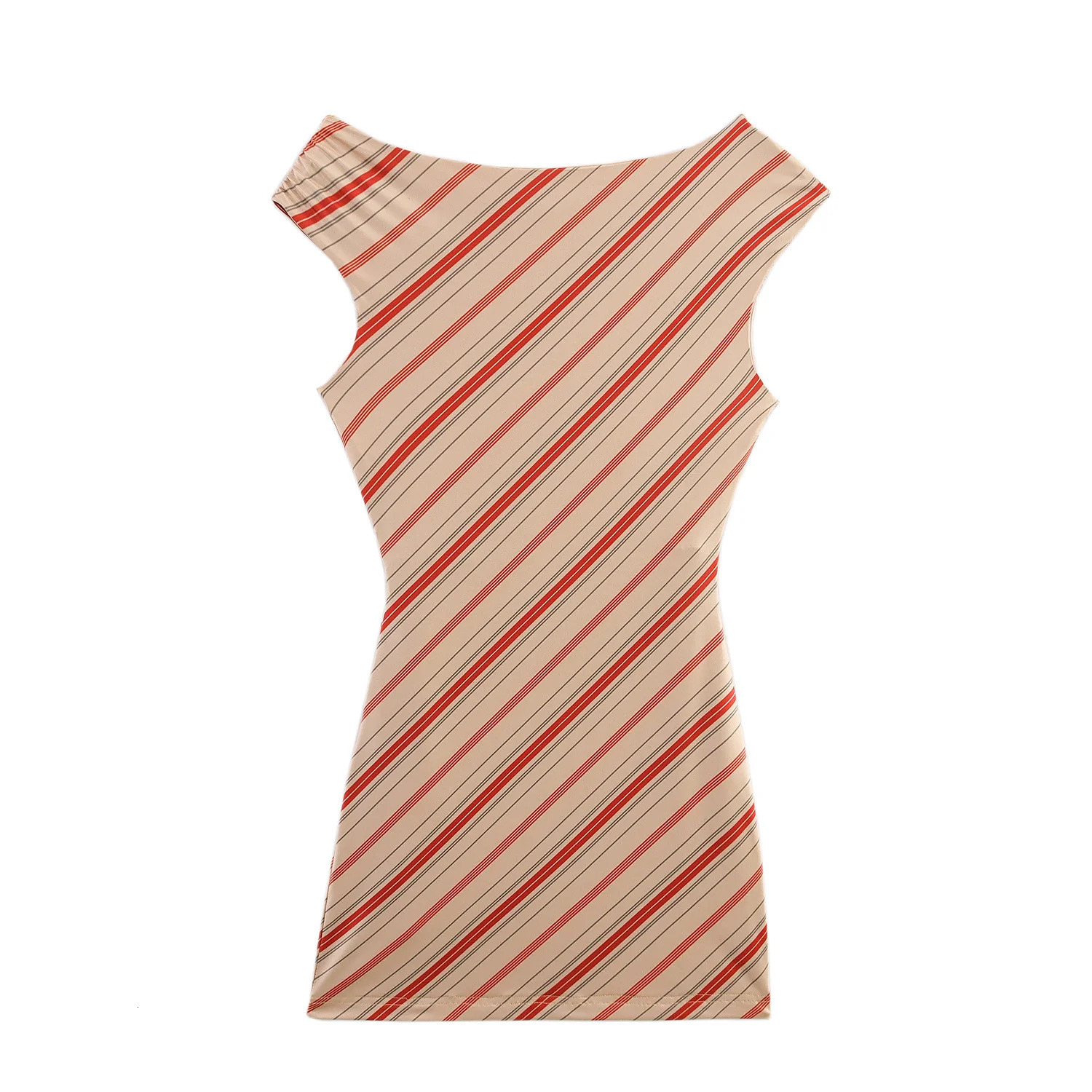 European and American style elastic slimfit oblique shoulder asymmetrical striped dress 250611