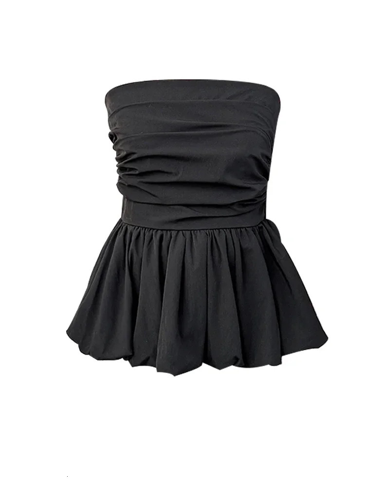 Kimotimo French One Shoulder Pleated Slim Tube Top Women Sexy Waist Ruffled Sleeveless Vests Summer Y2k Solid All Match Tanks 250614