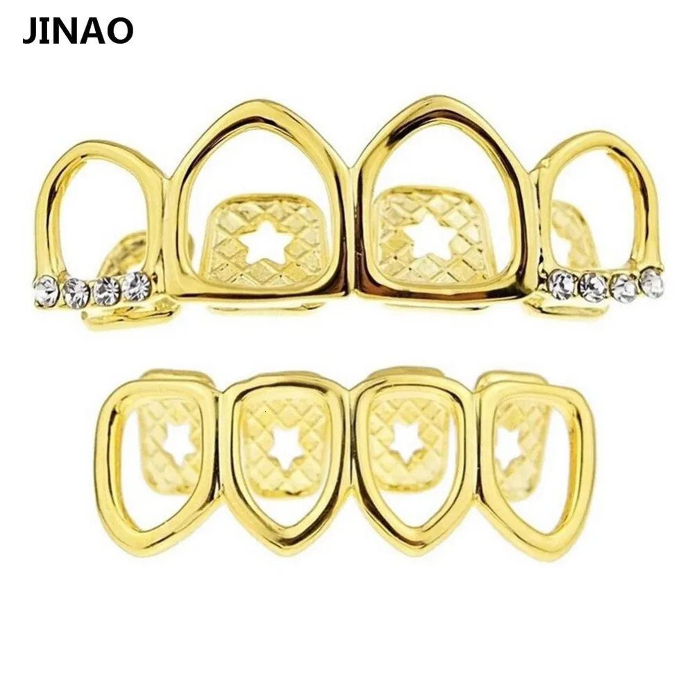 JINAO Grill Set Gold Color Plated Four Full Open Face Hollow Tooth Top with CZ Bottom Teeth Grills Sets For Men Women250616