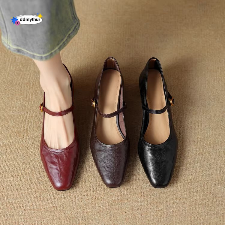 Slimming Square Toe Genuine Shallow Mouth Single for Women, Chunky Heel French Mary Jane Shoes, Burgundy Mid-Heel Leather Shoes ddmythur