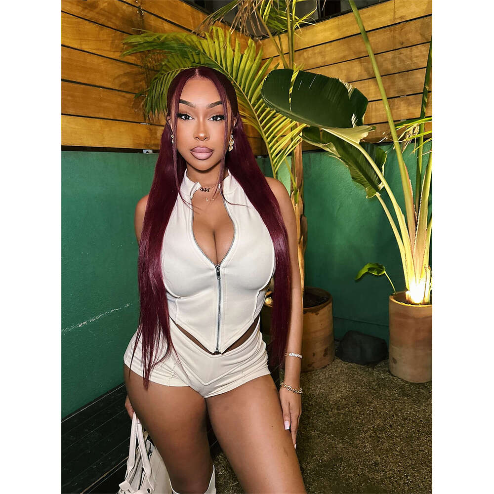 New Women's Sexy Fashion Sleeveless Zipper V-Neck Tube Top High-Waisted Shorts Set B5