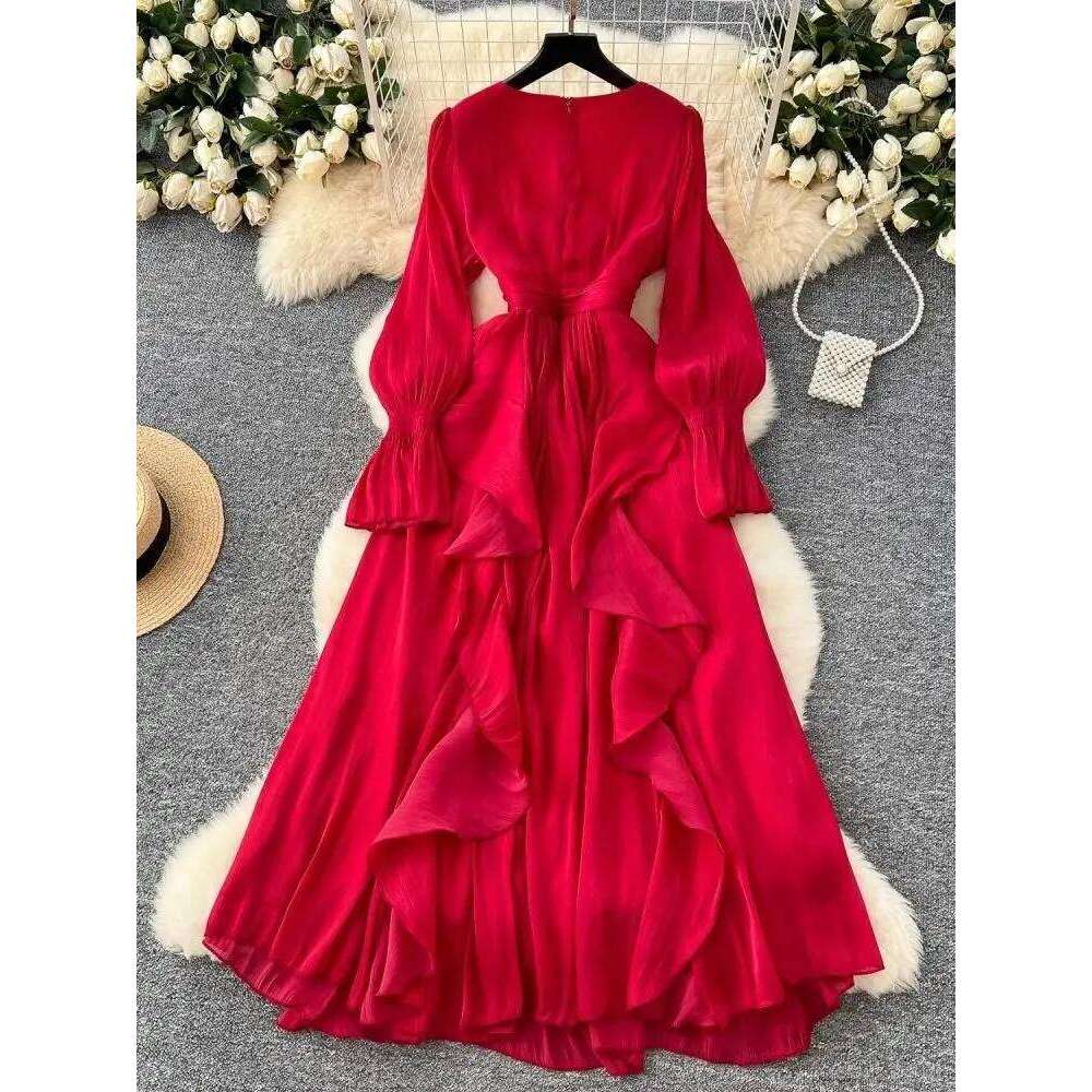 Elegant Dias Beading V Neck Evening Party Dress Women's Long Lantern Sleeve High Waist Gloss Ruffles Pleated Prom Vestidos