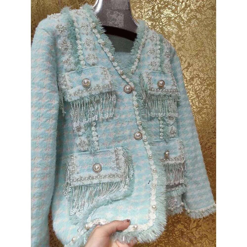 3D Flowers Embroidery Tassels Pearls Beaded Tweed Jacket Thick Lace Floral Dias Weave Cardigan Coat Fringed Edge Tops