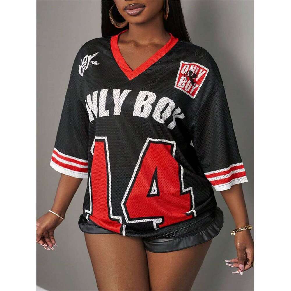 New American Style Loose Casual Sports Jersey Letter Print V-Neck Short Sleeve T-Shirt For Women B5