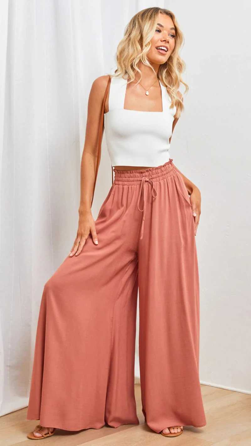 Summer Womens Wide Leg Pants With Elastic Waistband XJ250616