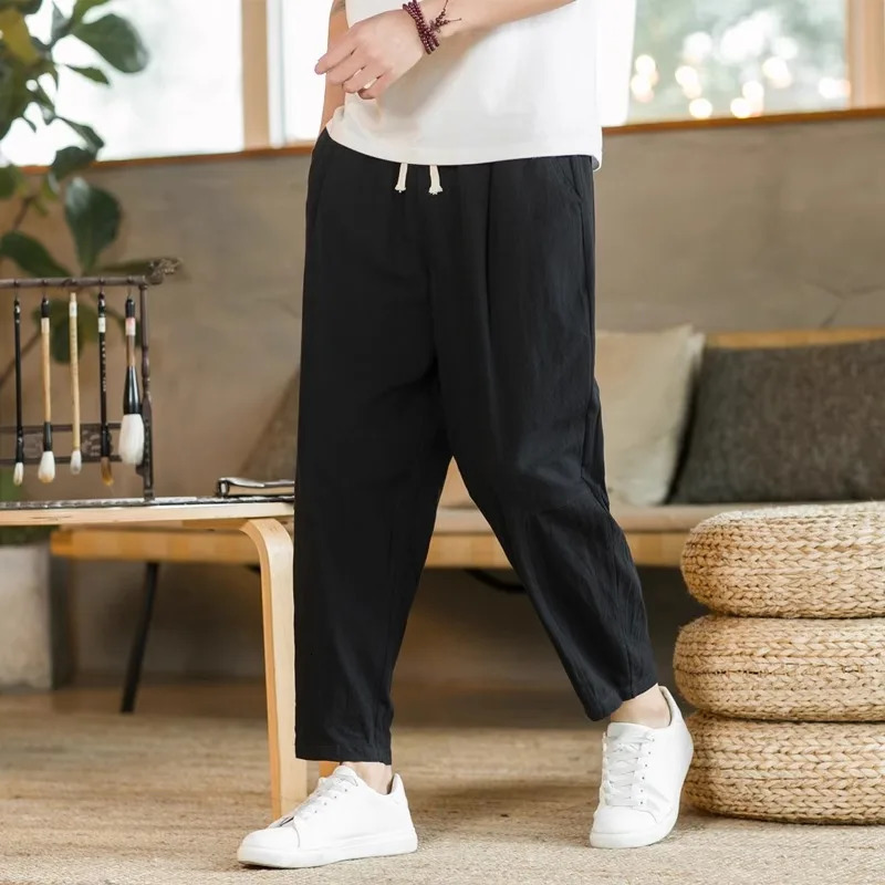 Mens Linen Lightweight Sweatpants Cotton Solid Color Breathable Joggers Men Baggy Pants Streetwear Long Trousers Men 250614