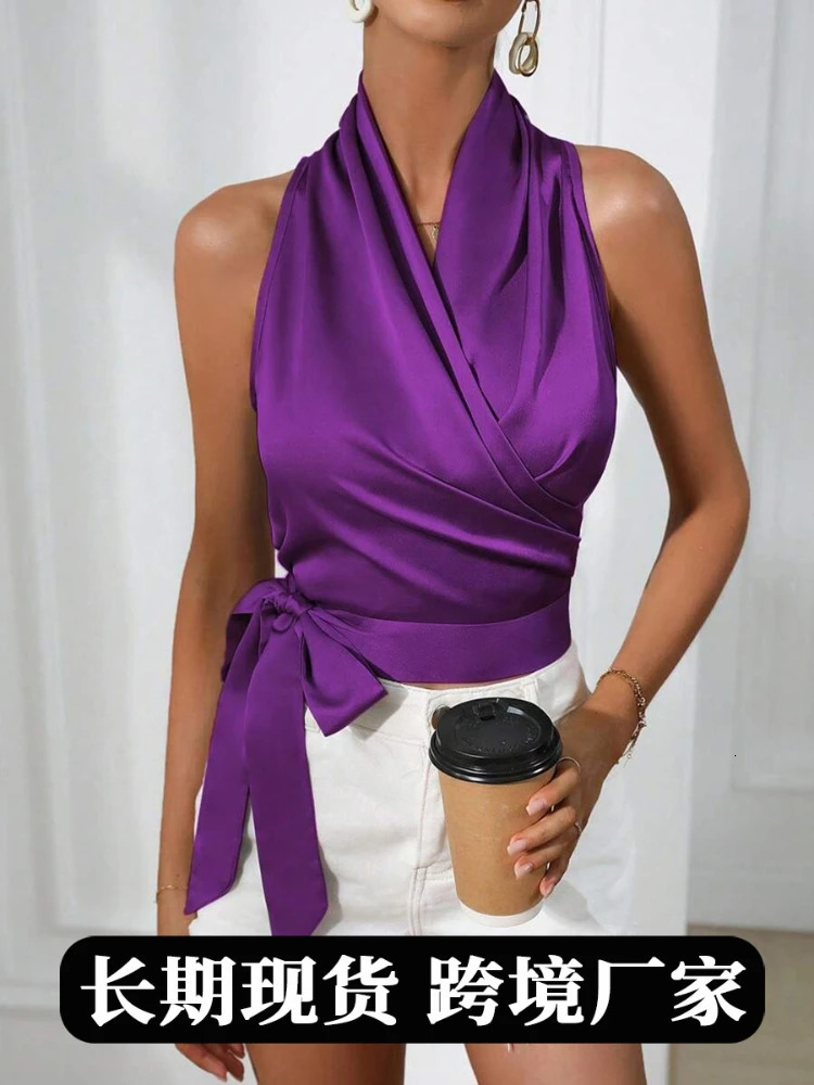 Elegant Neck Hanging Silk Satin Shirts Blouses 2025 Spring Summer Sexy Lace Up Side Wrapped Sleeveless Temperament Shirt Tops 250614