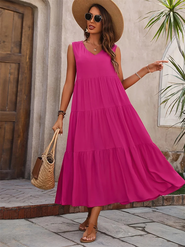Women Dress Summer Casual Vacation Holiday Beach Long Dresses V-neck Loose Elegant Yellow Black RUFFLES Dress Femme 250614