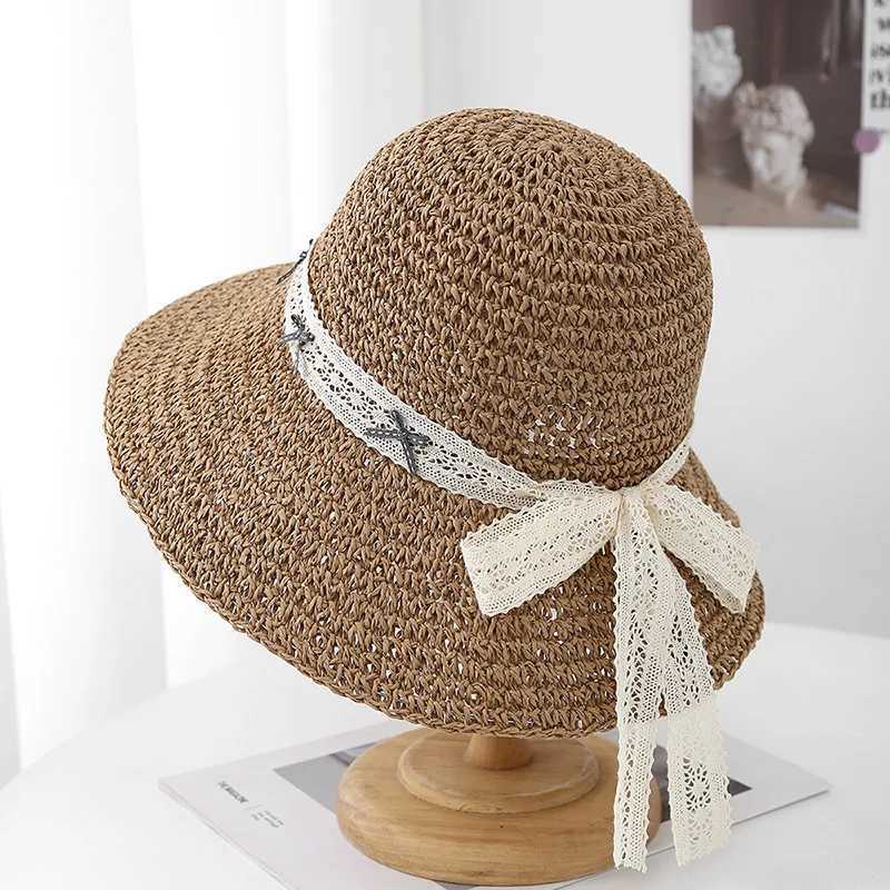 2025 New Korean Style Sun Hats Womens Summer Hat Lace Bow Straw Large Brim Ladies Sunshade Foldable Beach Accessories M250616