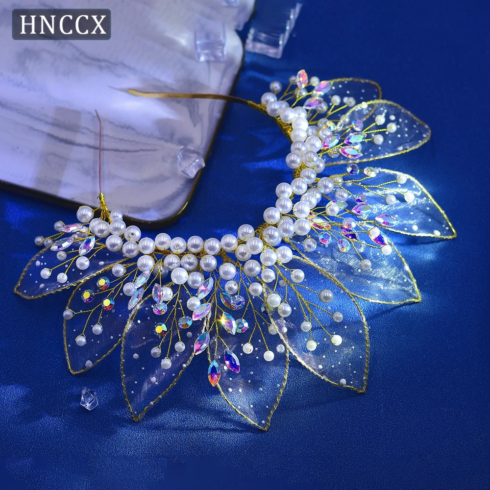 HNCCX Wedding Faux Pearl Hair Hoop Bridal Colorful Rhinestone Headband Bride Headdress Organza Leaf Headwear For Women CP670 250610