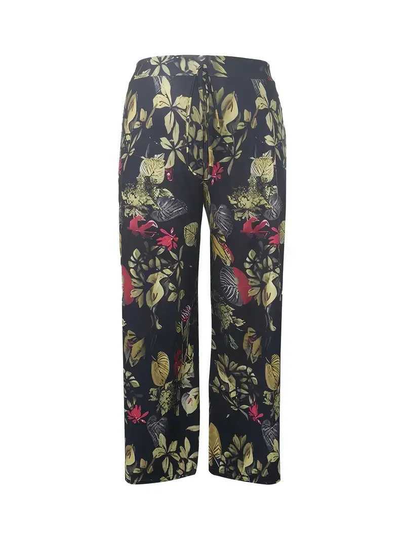 Plus Size 1XL-5XL Women Fashion Ele Floral Print Wide Leg Pants Ladies Casual Loose Fit Long Trousers with PocketsXJ250616