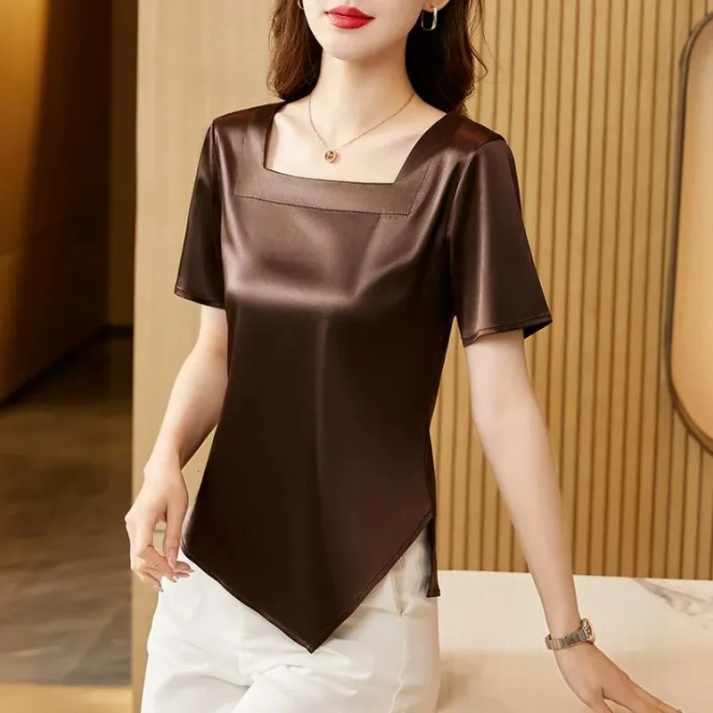 Satin Blouse Women Square Collar Womens Tops Silk Short Sleeve Blouses Elegant Ladies Tops 2025 Fashion Summer Female Clothing 250614