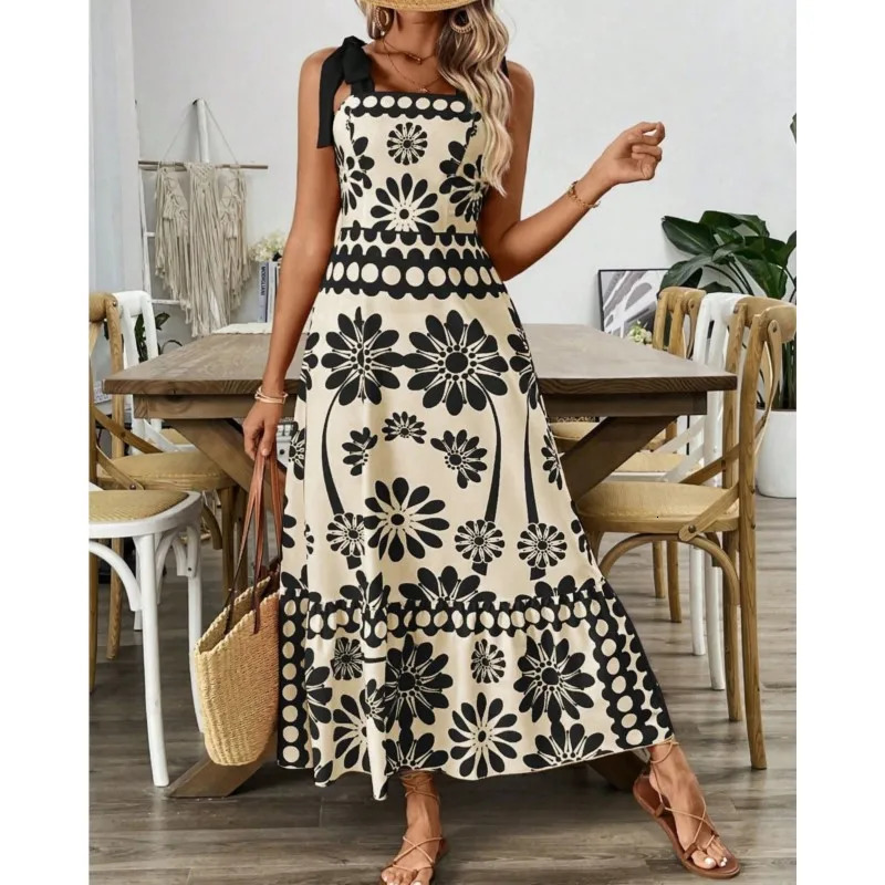 Summer Dress Womens Fashion Printed Shoulder Straps Waist Long Holiday Casual Bohemia Beach Midi Women Dresses Prom Vestido 250611